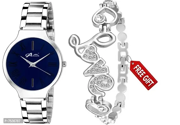 Acnos Brand - Branded Watch 4 Dial Blue Stainless Steel Silver Band Wathces with Love Diamond Silver braclet and Watch for Women Watch for Girls