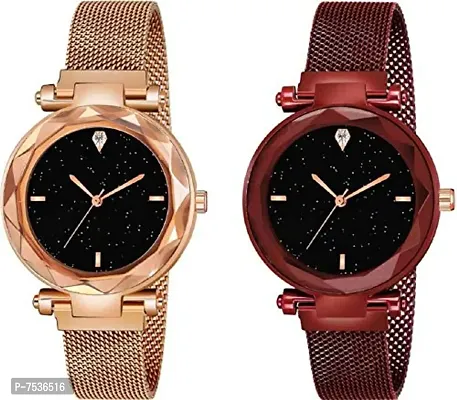 Acnos 4 Point Rose-Gold and Red Color with Trending Magnetic Analogue Metal Strap Watches for Girl's and Women's Pack of - 2(P-180-210)