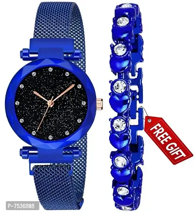 Acnos Blue Magnet Strap Analogue Women's and Girls Watch Sweet Heart Blue Bracelet Combo for Girl's  Women's Watch (Set of 2)-thumb0