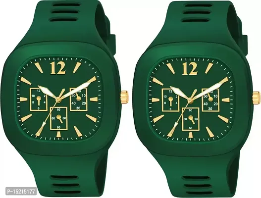 Stylish Green Silicone Analog Watches For Men Pack Of 2-thumb0