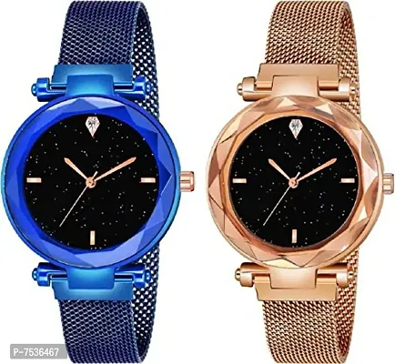 Acnos 4 Point Blue and Rose-Gold Color with Trending Magnetic Analogue Metal Strap Watches for Girl's and Women's Pack of - 2(P-170-180)