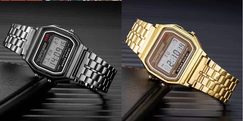 Acnos 2 Combo Digital Black Gold Vintage Square Dial Unisex Water Resist Watch for Men Women Pack Of 2 (WR70)