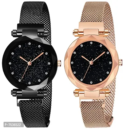Acnos Black Round Diamond Dial with Latest Generation Purple  Rosegold Magnet Belt Analogue Watch for Women Pack of - 2 (DM-PURPLE-ROSEGOLD05)