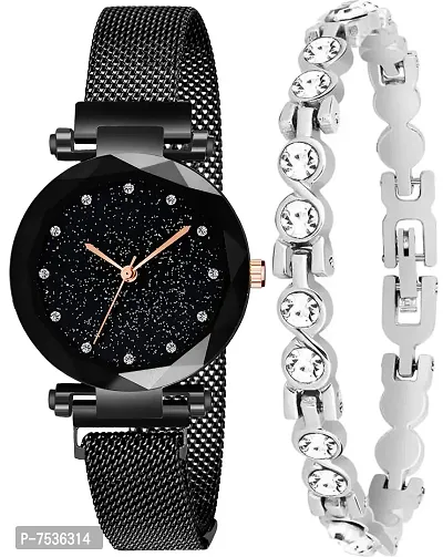 Acnos Festival Special Bracelet and Round 12 Diamond Analog Watch with Magnet Belt for Women - Silver and Black, Pack of 2