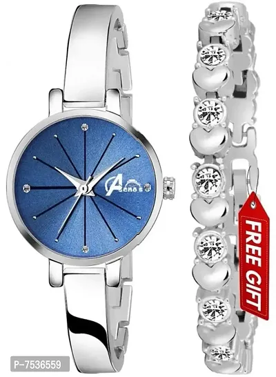Acnos Brand - Analogue Women's Watch for Women with Heart shap bracelete for Girl's or Women (Blue Dial Silver Colored Strap) Pack of 2 Valentine SPACIAL