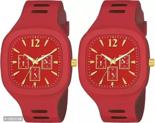 Stylish Red Silicone Analog Watches For Men Pack Of 2-thumb0