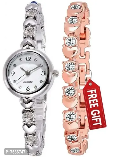 Acnos Silver Heart Shape Round dial White Diamond with Rosegold Bracelet Super Quality Watch for Girls and Watch for Women Pack of - 2 Gift for Special FASTIVAL Offer-thumb0