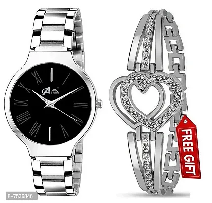 Acnos Stainless Steel Band Analog Watch with Heart Diamond Silver bracelet for Women (Silver, Black) Pack of 2