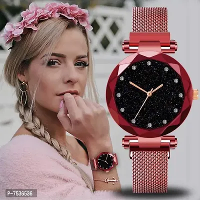Acnos Purple and Red Color 12 Point with Trending Magnetic Analogue Metal Strap Watches for Girl's and Women's Pack of - 2(DM-190-210)-thumb3
