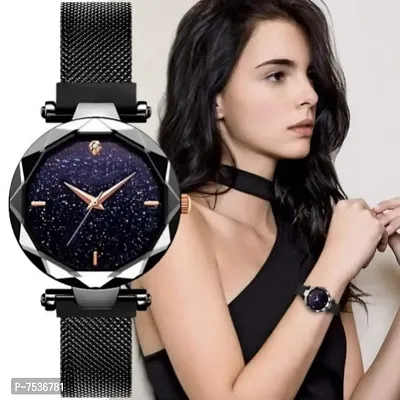 Acnos Hours 3,6,9 Represents Line and 12 Represent Diamond Black 21st Century Magnet Analog Watch for Girls and Women(MGNT-Black)-thumb2