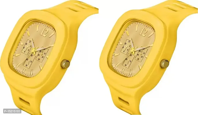 Stylish Yellow Silicone Analog Watches For Men Pack Of 2-thumb2