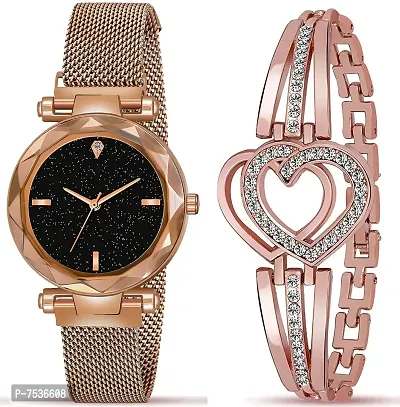 Acnos Brand - A Watch Analogue Plain Black Dial Rose Gold Magnet Watch with Gift Bracelet for Women or Girls and Watch for Girl or Women (Combo of 3)-thumb2