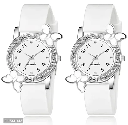 Acnos White Strap White Diamond Dial Analog Watch For Girls Best Design Butterfly Combo 2 Pack Of 2