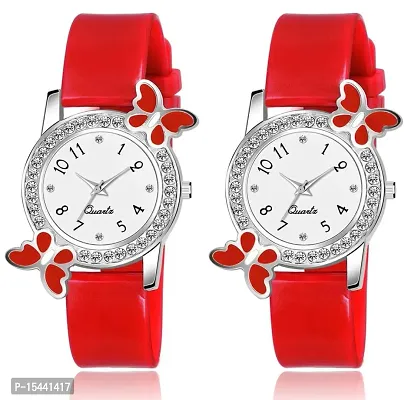 Acnos Red Strap White Diamond Dial Analog Watch For Girls Best Design Butterfly Combo 2 Pack Of 2