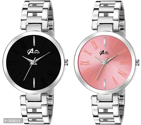 Acnos Pink and Black Dial Steel Strap Analogue Watches Combo for Women Pack of 2(T-Black-Pink)-thumb0