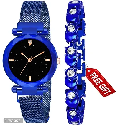 Acnos 4 Point Blue Magnet Strap Analogue Women's and Girls Watch Sweet Heart Blue Bracelet Combo for Girl's  Women's Watch (Set of 2)-thumb0