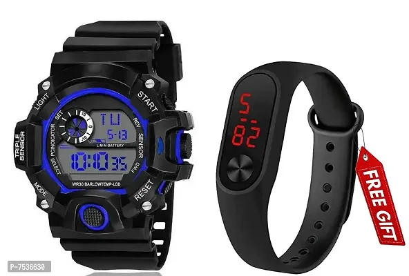 Acnos Brand - A Digital Watch with LED Shockproof Multi-Functional Automatic Blue Boader Black Waterproof Digital Sports Watch for Men's Kids Watch for Boys - Watch for Men Pack of 2