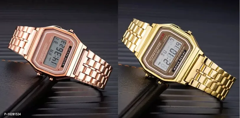 Acnos 2 Combo Digital Gold RoseGold Vintage Square Dial Unisex Water Resist Watch for Men Women Pack Of 2 (WR70)-thumb0