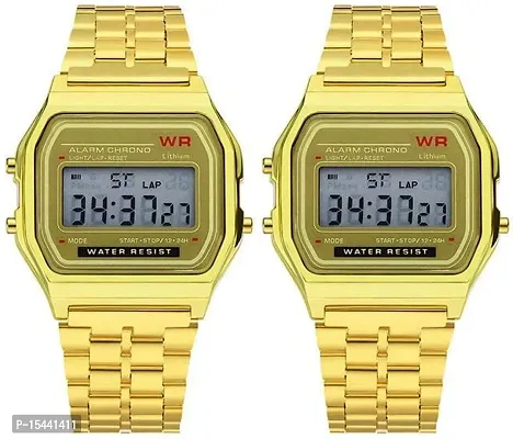 Acnos Brand 2 Combo Digital Gold Vintage Square Dial Unisex Water Resist Watch for Men Women Pack Of 2 (WR70)-thumb0