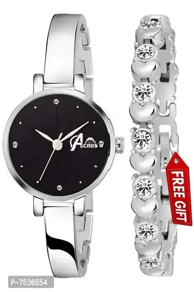 Acnos Brand - Analogue Women's Watch for Women with Heart shap bracelete for Girl's or Women (Black Dial Silver Colored Strap) Pack of 2 Valentine SPACIAL