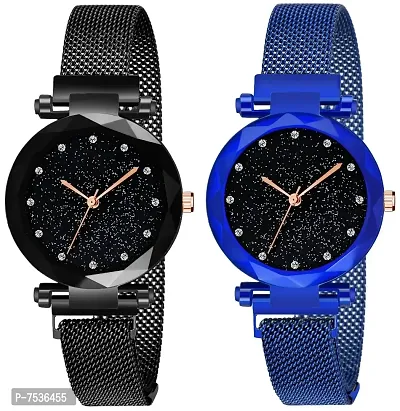 Acnos Blue and Black Color 12 Point with Trending Magnetic Analogue Metal Strap Watches for Girl's and Women's Pack of - 2(DM-170-200)