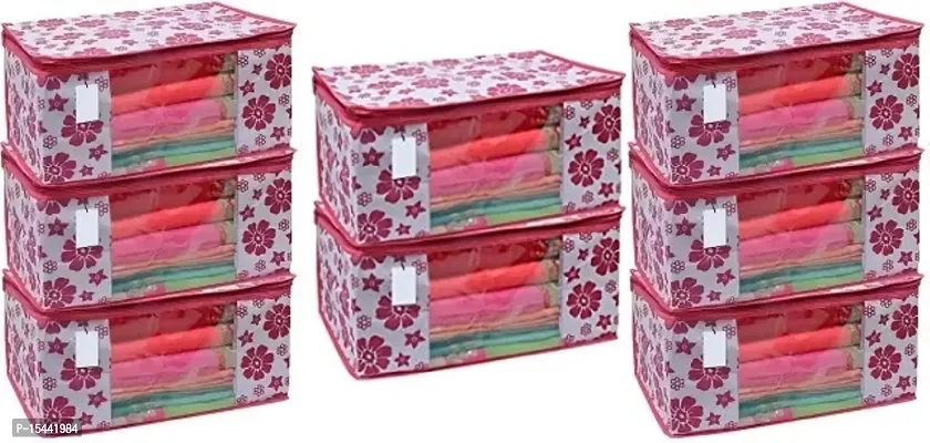 Acnos Metalic Pink Chain Flower Design 8 Piece Non Woven Large Size Saree Cover Set Pack Of 8 Pink and White