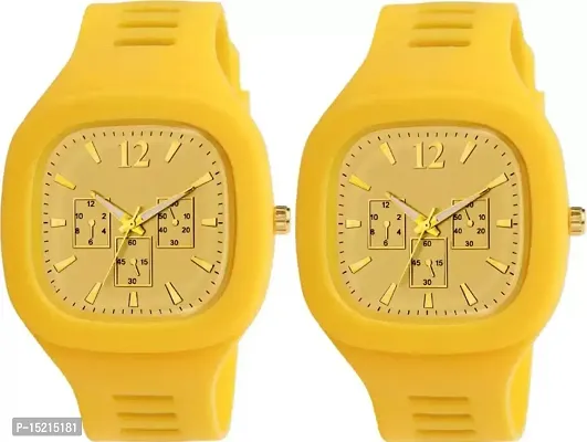 Stylish Yellow Silicone Analog Watches For Men Pack Of 2-thumb0