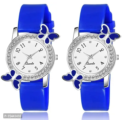 Acnos Blue Strap White Diamond Dial Analog Watch For Girls Best Design Butterfly Combo 2 Pack Of 2