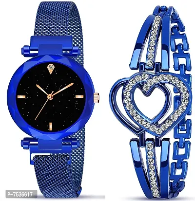 Acnos Brand - A Watch Analogue Plain Black Dial Blue Magnet Watch with Gift Bracelet for Women or Girls and Watch for Girl or Women (Combo of 3)-thumb2