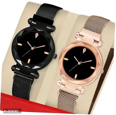 Acnos Brand - A Branded Heavy Quality Festival Special Black and Rosegold Round 1 Diamond Magnet Belt Analog Watches for Women Pack of - 2