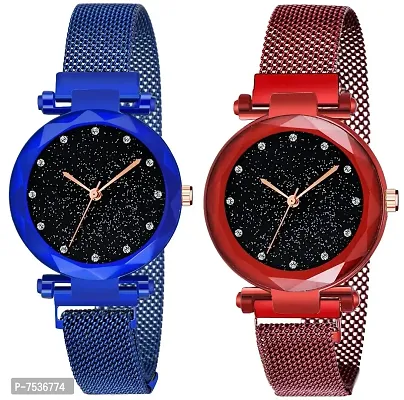 Acnos Blue and Red Color 12 Point with Trending Magnetic Analogue Metal Strap Watches for Girl's and Women's Pack of - 2(ADM-170-210)