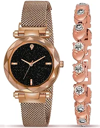 Acnos Brand - A Watch Analogue Plain Black Dial Rose Gold Magnet Watch with Gift Bracelet for Women or Girls and Watch for Girl or Women (Combo of 3)-thumb2