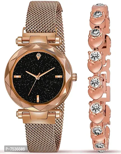 Acnos Brand - A Watch Analogue Plain Black Dial Rose Gold Magnet Watch with Gift Bracelet for Women or Girls and Watch for Girl or Women (Combo of 3)-thumb3