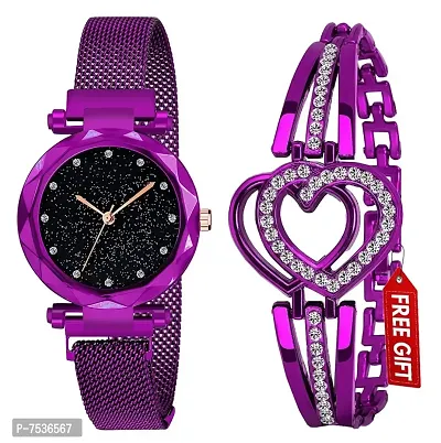 Acnos 5 Colors Magnet Purple Strap Analogue Women's and Girls Watch Sweet Heart 5 Colors Bracelet Combo for Girl's  Women's Watch Pack of 2-thumb0