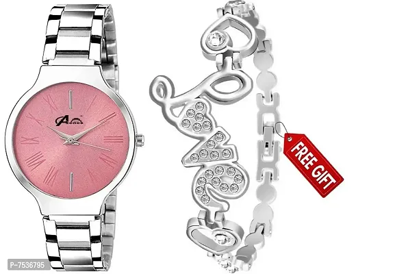 Acnos Brand - Branded Watch 4 Dial Pink Stainless Steel Silver Band Wathces with Love Diamond Silver braclet and Watch for Women Watch for Girls
