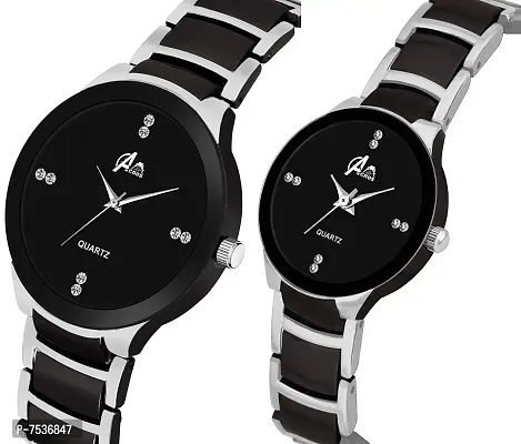 Acnos Plated Full Dial Couple Analog Watches for Men and Women (Black Silver) Pack of 2-thumb2