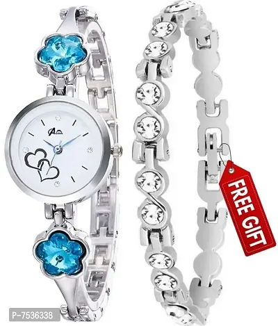 Acnos Flower Stone Blue Diamond Silver Bengle with Silver Bracelet Watch for Girls and Women Pack of - 2