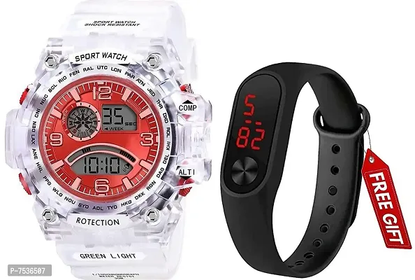 Acnos Brand - A Digital Watch with LED Shockproof Multi-Functional Automatic Red Dial White Strap Waterproof Digital Sports Watch for Men's Kids Watch for Boys - Watch for Men Pack of 2