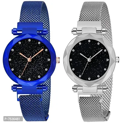 Acnos Blue and Silver Color 12 Point with Trending Magnetic Analogue Metal Strap Watches for Girl's and Women's Pack of - 2(DM-170-220)