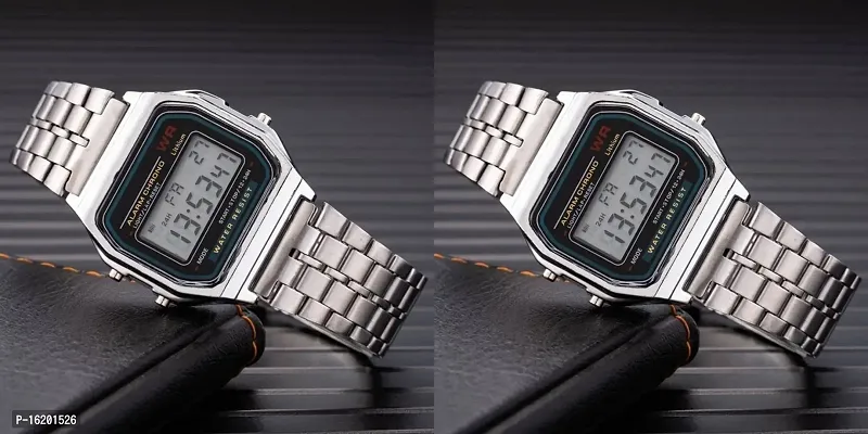 Acnos 2 Combo Digital Silver Vintage Square Dial Unisex Water Resist Watch for Men Women Pack Of 2 (WR70)-thumb0