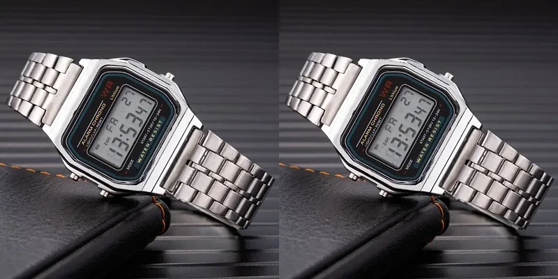 Acnos 2 Combo Digital Silver Vintage Square Dial Unisex Water Resist Watch for Men Women Pack Of 2 (WR70)