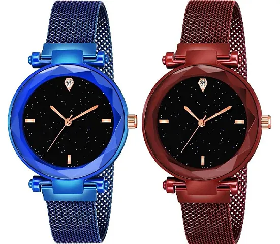 Kiarvi Gallery dial and 4 figer with and Magnetic Buckle Starry Belt Analog Watch Quartz Watch for Women