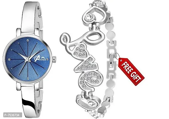 Acnos Brand - Analogue Women's Watch Blue Dial Silver Colored Strap with Love Silver bracelete for Girl's or Women Pack of 2 Girl