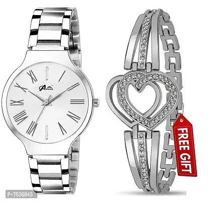 Acnos Women's Analog Branded White Dial Stainless Steel Band Watch with Heart Diamond Silver Bracelet, Pack of 2-thumb0