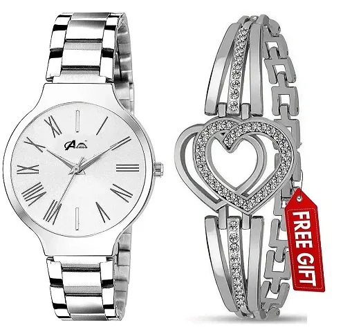 Acnos Women's Analog Branded Dial Stainless Band Watch with Heart Diamond Bracelet, Pack of 2