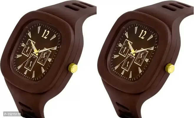 Stylish Brown Silicone Analog Watches For Men Pack Of 2-thumb2