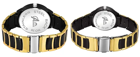 Acnos Plated Full Black Dial Couple Analog Watches for Men and Women (Black Gold) Pack of 2-thumb3