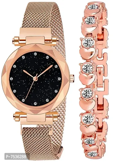 Acnos Brand - A Brand Festival Women's Rosegold Round 12 Diamond Magnet Belt with Rosegold Analog Watch Bracelet -Pack of 2