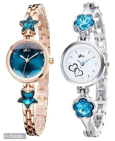 Acnos Analogue Women's Blue And White Dial Star And Flower Stone Bangle Watch , Pack Of 2