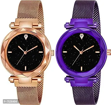 Acnos 4 Point Rose-Gold and Purple Color with Trending Magnetic Analogue Metal Strap Watches for Girl's and Women's Pack of - 2(P-180-190)